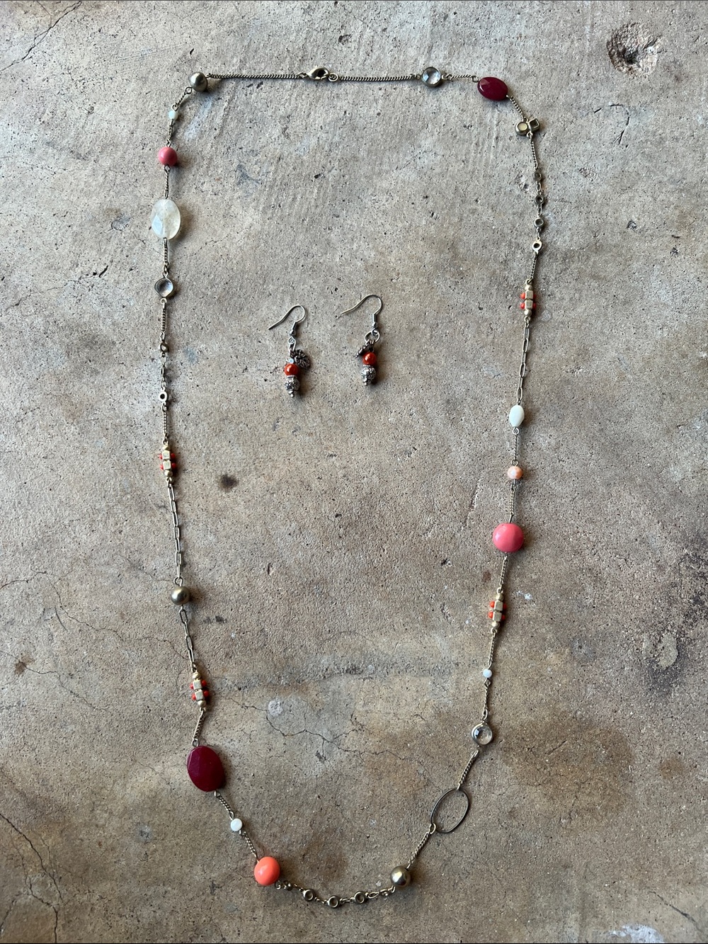 Delicate Pink & Coral Bead Long Necklace with Matching Earrings